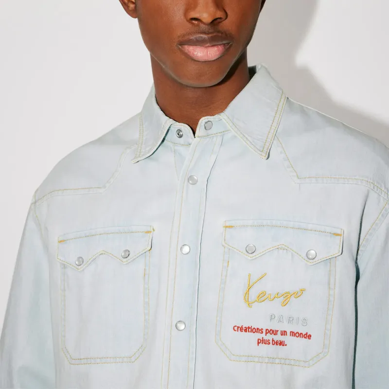 KENZO Logo Embroidered Denim Shirt-5