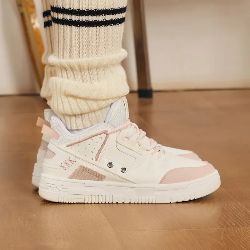 Erke Rising Coverage Anti-Slip And Wear-Resistant Low-Top Skateboard Shoes Women's White Pink-5