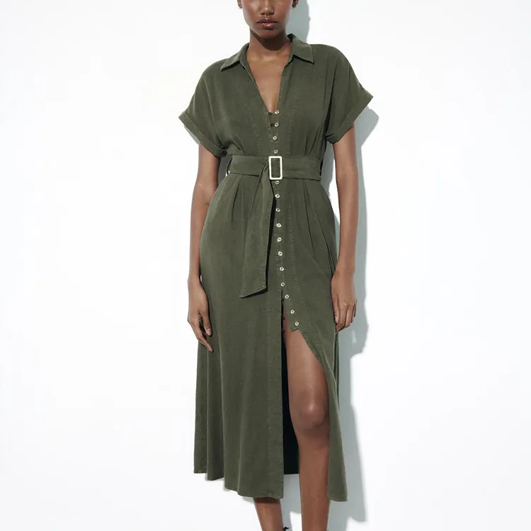 ZARA Short-Sleeved Dresses Women's Khaki-2