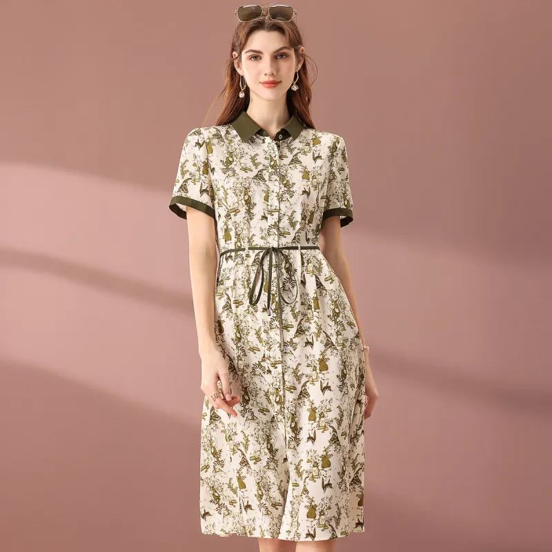 FENHONGMALI Short Sleeved Dress Women's Green-1