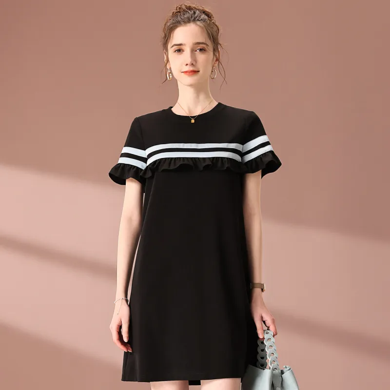 FENHONGMALI Short Sleeved Dresses Women's Black Blue-1