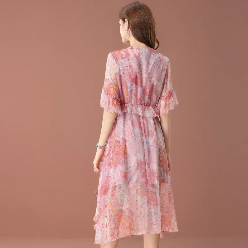 FENHONGMALI Short Sleeved Dress Women's Pink-2