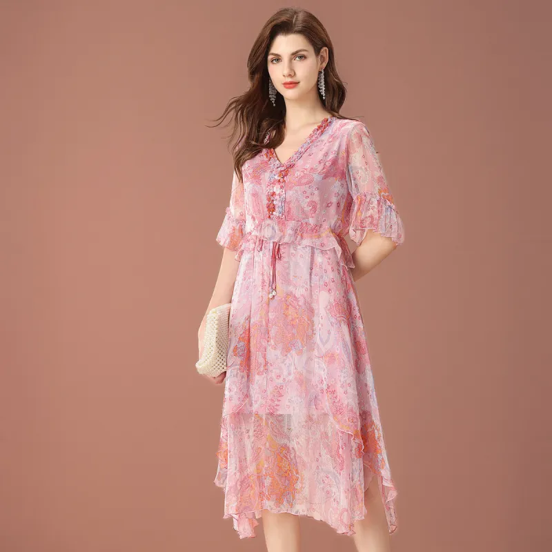 FENHONGMALI Short Sleeved Dress Women's Pink-1