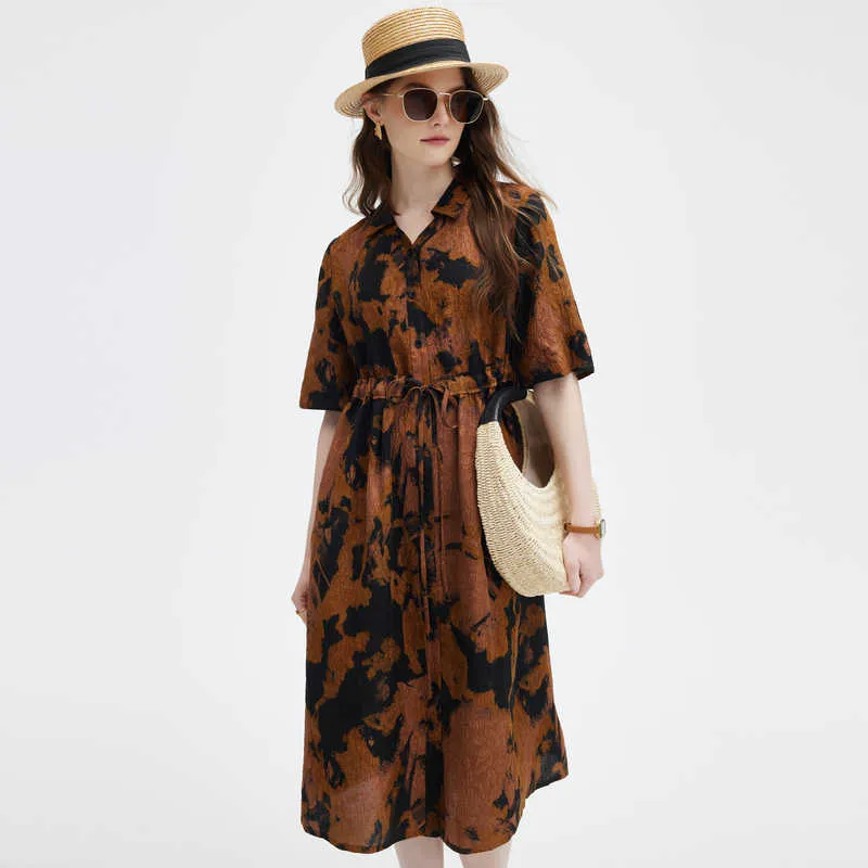 PALUOPO Short-Sleeved Dresses Women's Yellow Coffee Clip Flower-2