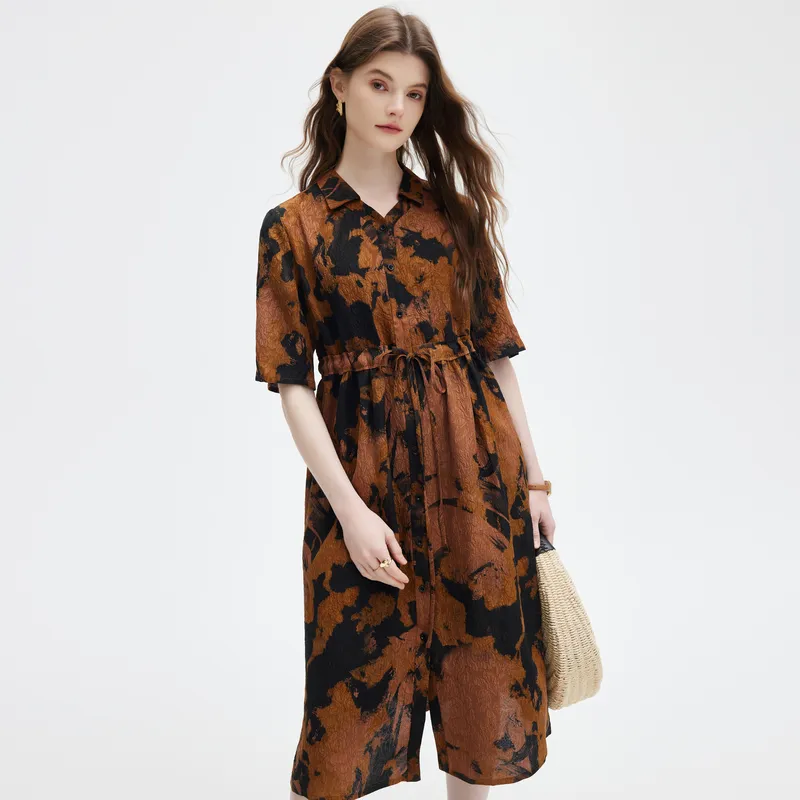 PALUOPO Short-Sleeved Dresses Women's Yellow Coffee Clip Flower-5