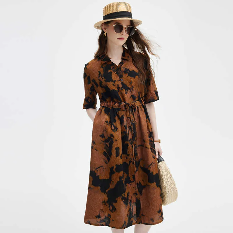 PALUOPO Short-Sleeved Dresses Women's Yellow Coffee Clip Flower-3