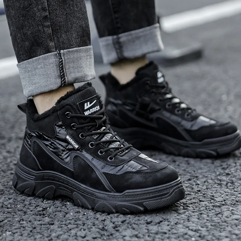 Warrior Fall And Winter Fleece-Lined Insulated Shoes Versatile Casual Athletic Shoes High-Top Work Boots Men's Black-5