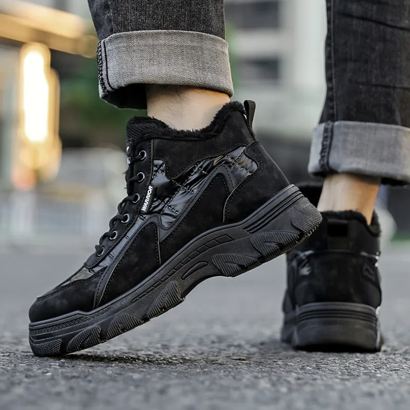 Warrior Fall And Winter Fleece-Lined Insulated Shoes Versatile Casual Athletic Shoes High-Top Work Boots Men's Black-7