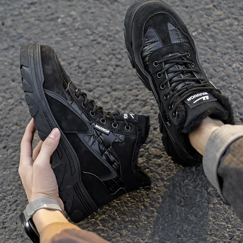Warrior Fall And Winter Fleece-Lined Insulated Shoes Versatile Casual Athletic Shoes High-Top Work Boots Men's Black-6