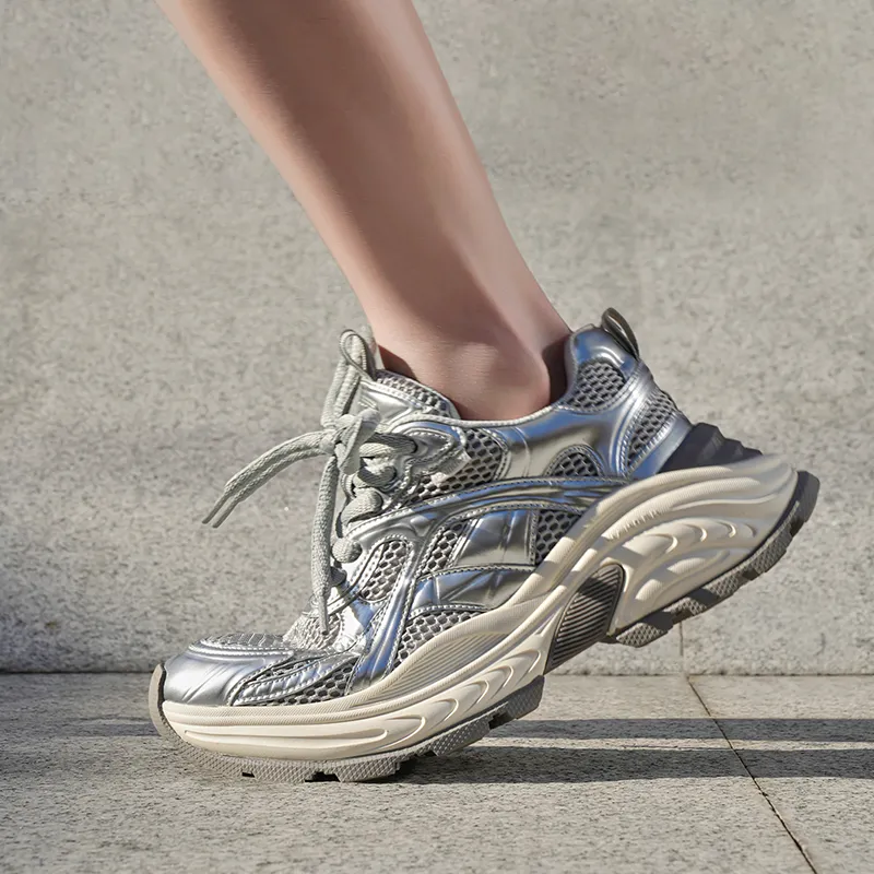 WANDER AROUND Cushioning, Slip Resistant, Lightweight, Height Enhancing Chunky Sneakers Women's Silver-6