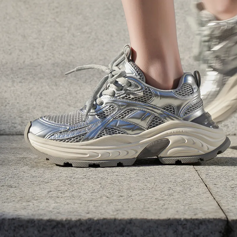 WANDER AROUND Cushioning, Slip Resistant, Lightweight, Height Enhancing Chunky Sneakers Women's Silver-5