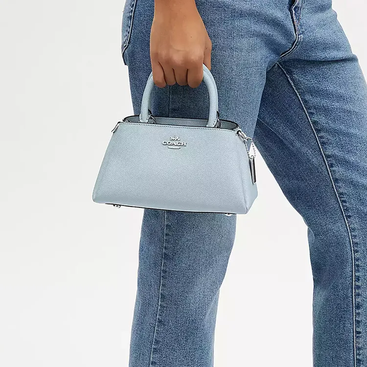 COACH Zuri Cross-Stitch Leather Shoulder Bags Handbags Medium Size Women's Silver With Light Blue Accents-3