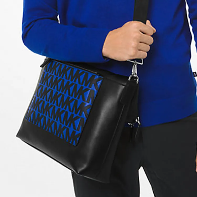 MICHAEL KORS Greyson Leather Tote Bag, Shopping Bag, Shoulder Bag, Crossbody Bag Regular Men's Black & Blue-3