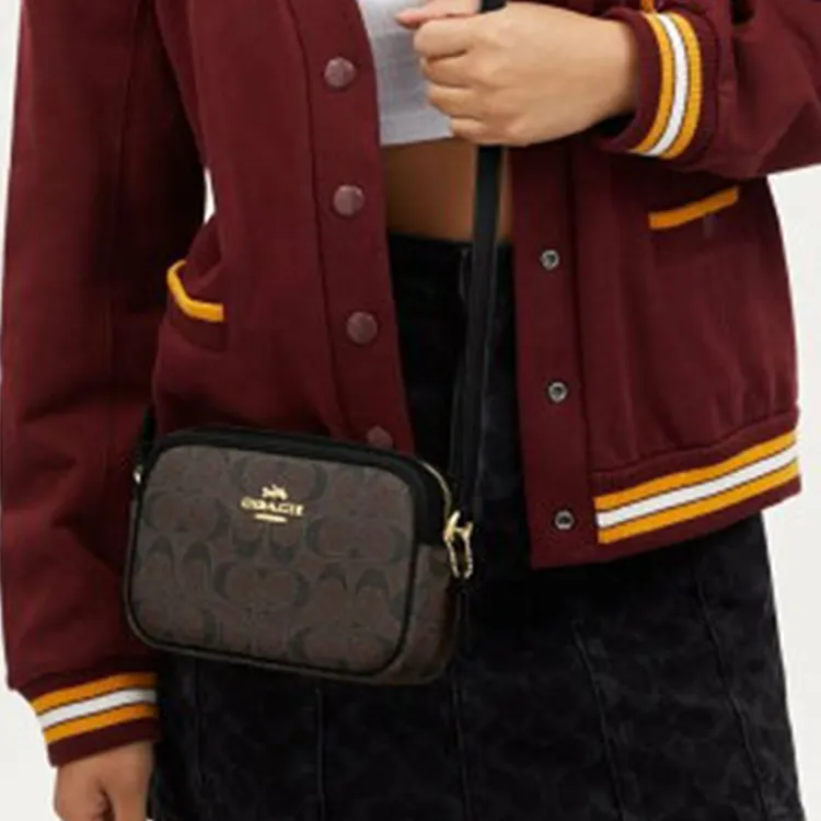 COACH Jamie Coated Canvas Camera Bags Shoulder Bag Crossbody Bag Small Size Women's Gold & Brown Black-3