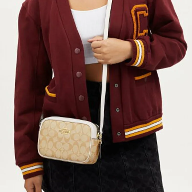 COACH Jamie Canvas With Leather Camera Bag, Shoulder Bag, Crossbody Bag Mini Women's Light Khaki With Chok Color-3