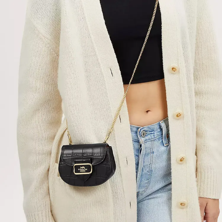 COACH Morgan Crocodile Embossed Leather Saddle Bag, One Shoulder Crossbody Card Holder Mini Women's Gold & Black-4
