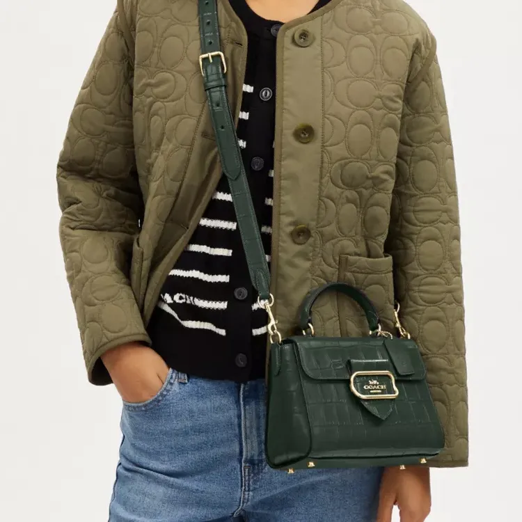 COACH Crocodile Embossed Leather Shoulder Bag Crossbody Bag Handbag Small Size Women's Gold & Amazon Green-3