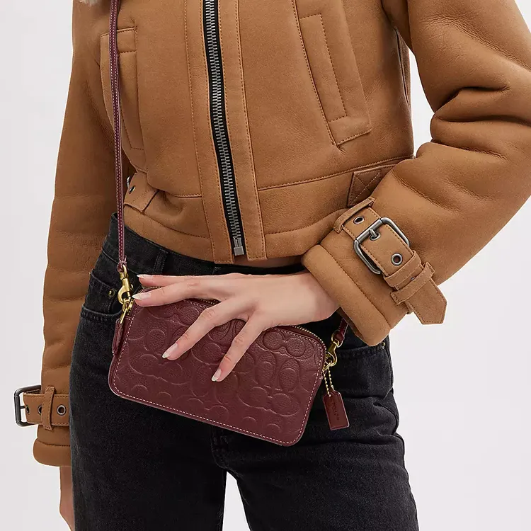COACH Kira Polished Pebbled Leather Camera Bags Shoulder Bag Crossbody Bag Small Size Women's Brass & Burgundy-3