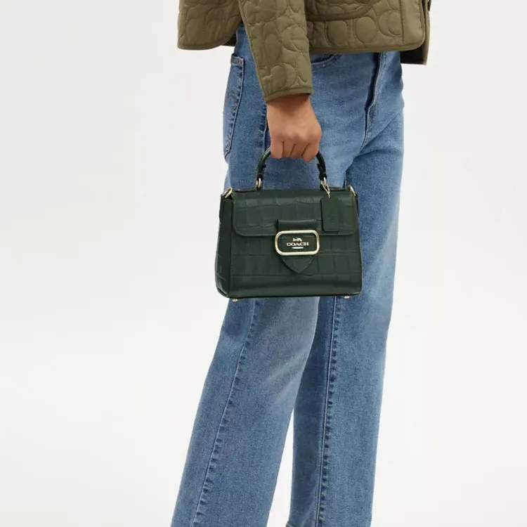 COACH Crocodile Embossed Leather Shoulder Bag Crossbody Bag Handbag Small Size Women's Gold & Amazon Green-4