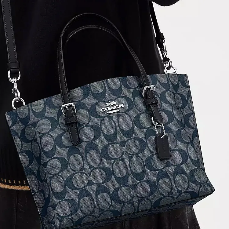COACH Mollie Coated Canvas With Leather Tote Bag Shopping Bag Handbags Medium Size Women's Silver Denim Midnight Navy-4