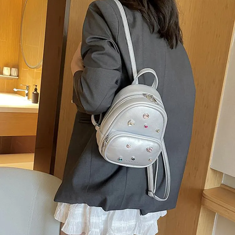NOMK PU Bucket Bag Backpack Small Size Women's Silver-2