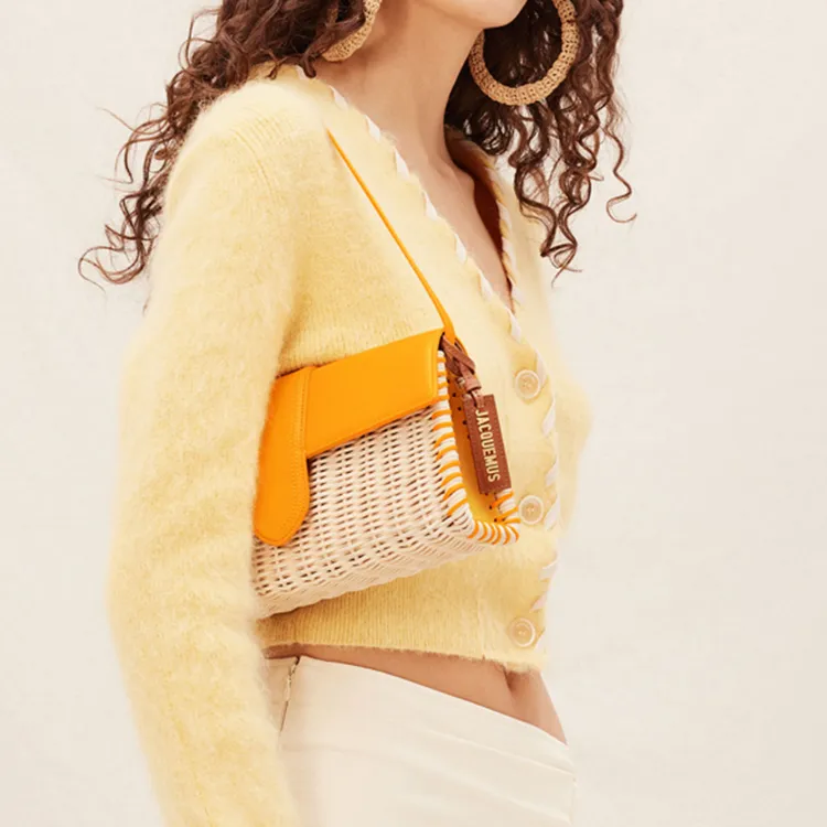 Jacquemus Cow Leather Patchwork With Wicker Shoulder Bag Crossbody Bag Handbag Women's Dark Yellow-5