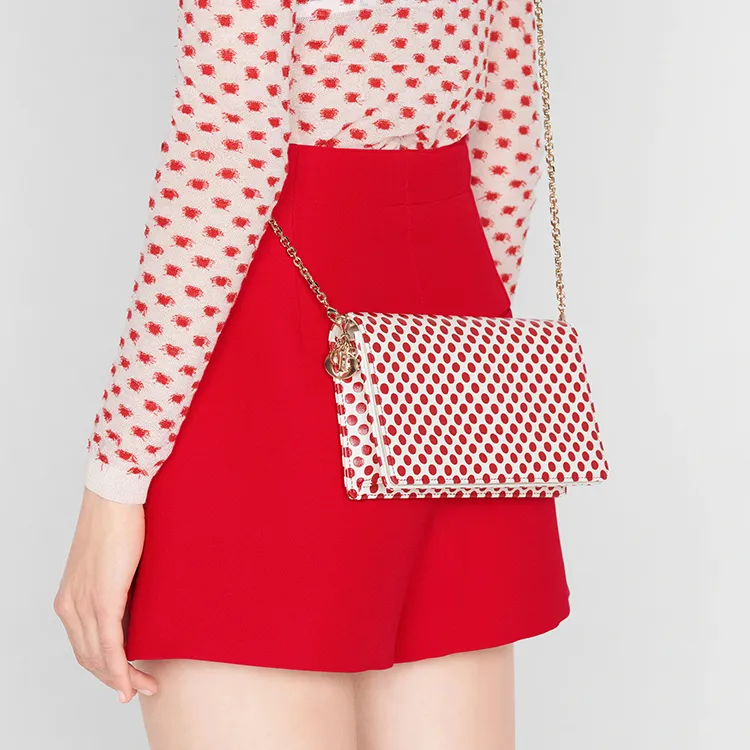 DIOR Cow Leather Clutches Crossbody Bags Women's Red White-3