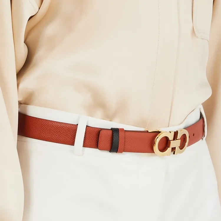 FERRAGAMO Logo Embossed Buckle Smooth Buckle Leather Belts Women's Brown Width: 2.5cm-1