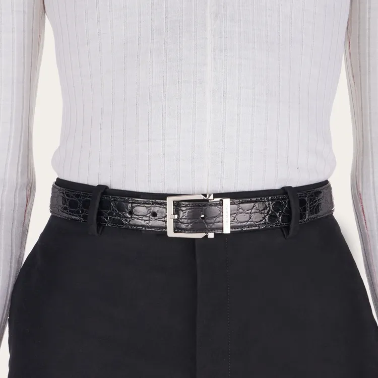 FERRAGAMO Geometric Styling Gancio Buckle Crocodile Leather Pin Buckle Leather Belts Men's Black Width: 3cm-2