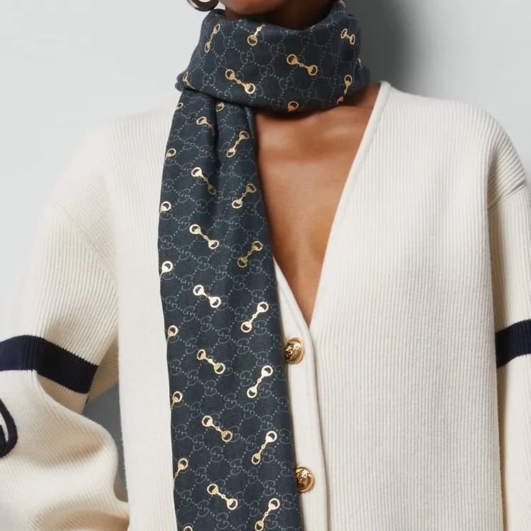 GUCCI Horsebit-Print Fringed Scarf-3