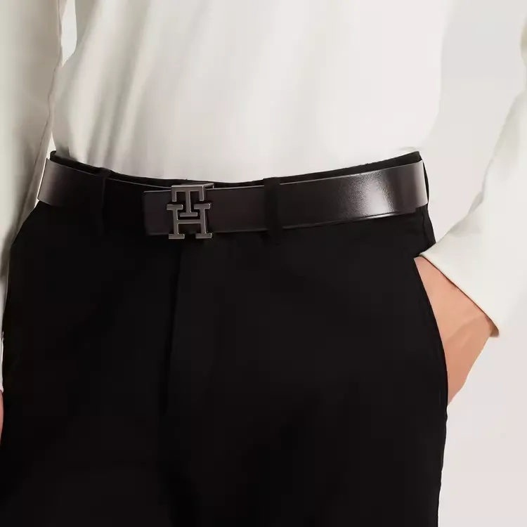 Tommy Hilfiger Letter Buckle Smooth Closure Leather Belts Men's Black Width: 3.5cm-1