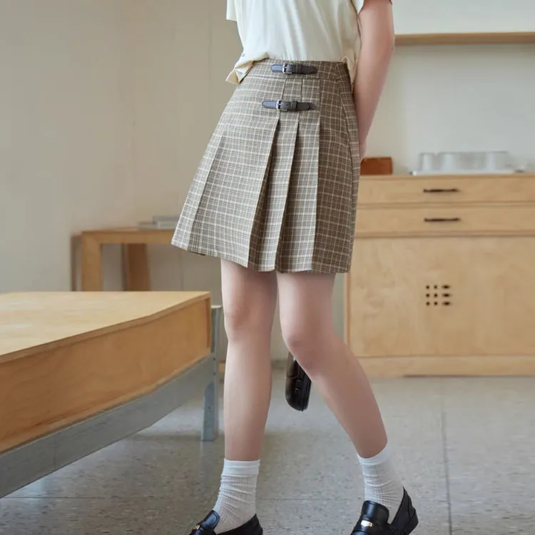 ZIHAN Casual Short Skirts Women's Coffee Plaid-1