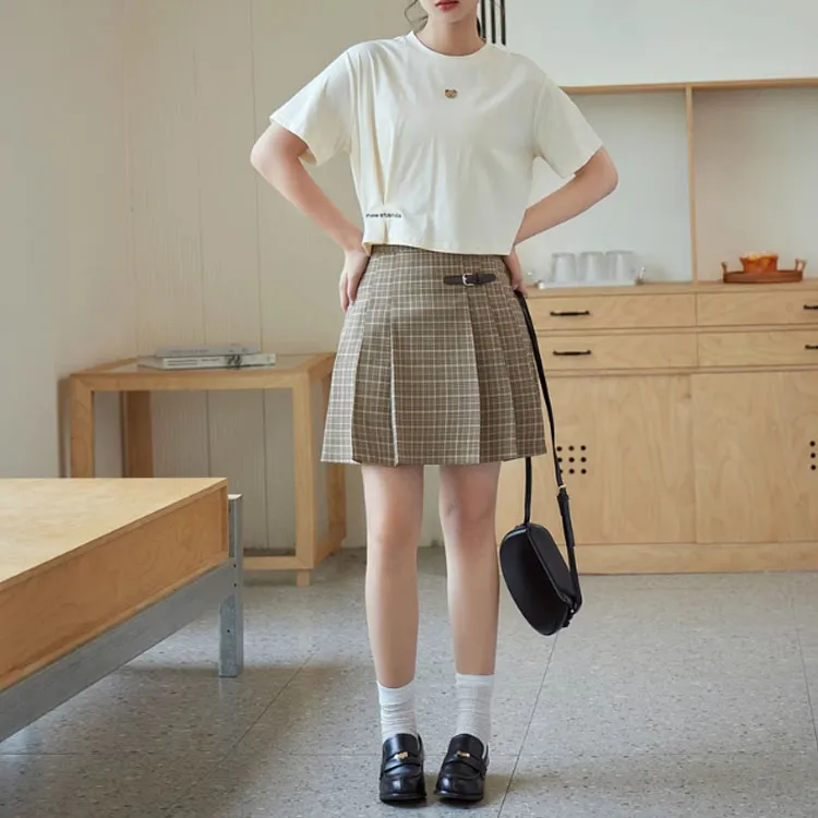 ZIHAN Casual Short Skirts Women's Coffee Plaid-2