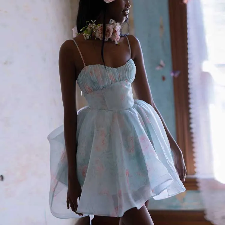 Selkie Collection SS24 Slip Dresses Women's Light Blue Base With Mint Herbal Print-5