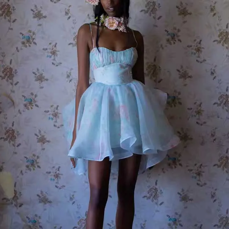 Selkie Collection SS24 Slip Dresses Women's Light Blue Base With Mint Herbal Print-4