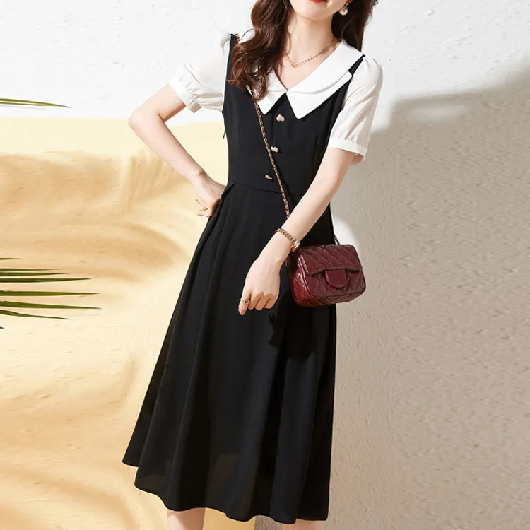 Mo Han Yi Mei Short-Sleeved Dresses Women's Black White Color Blocking-3