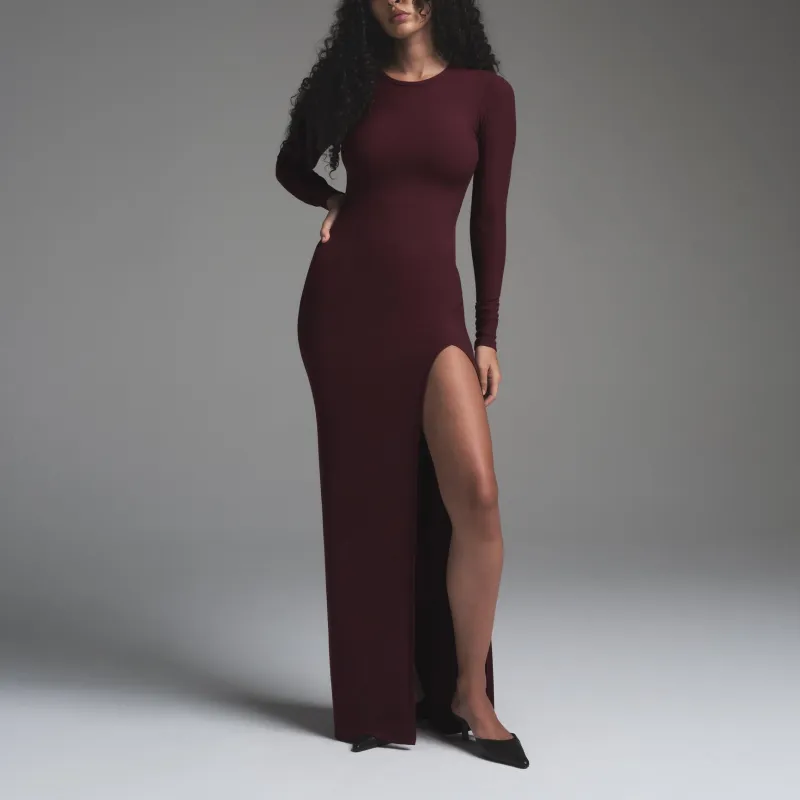 SKIMS FW24 SOFT LOUNGE LONG SLEEVE SLIT DRESS Long Sleeved Dresses Women's Bordeaux/Burgundy-1