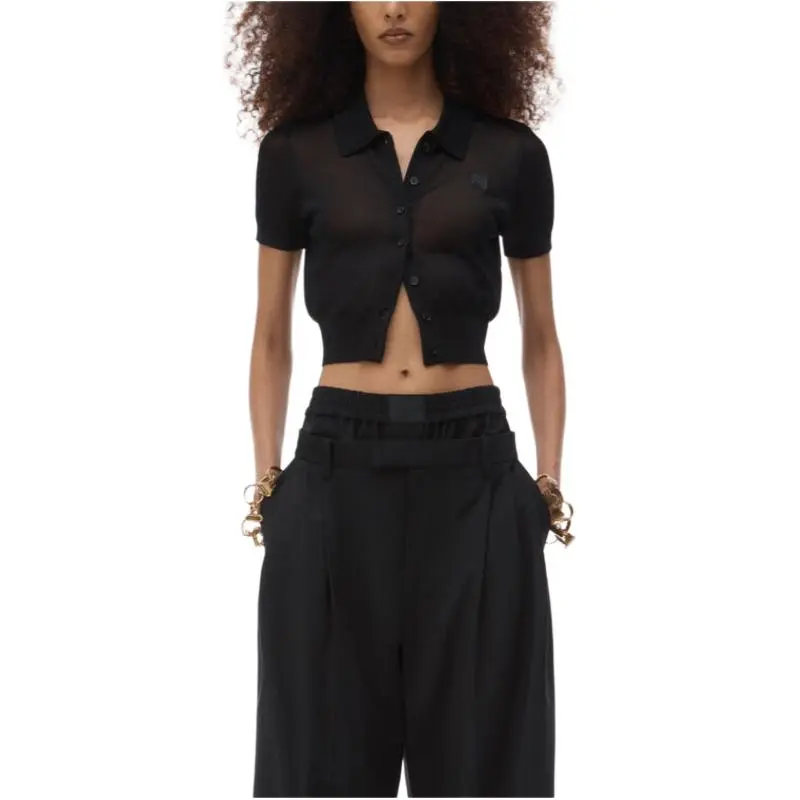 Alexander Wang Logo Embroidered Fine Knit Polo Cardigan-3