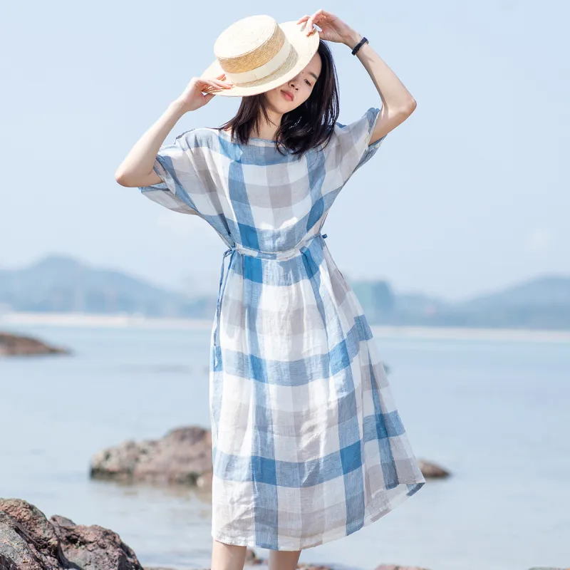 ZIMO Short Sleeved Dresses Women's Blue White Plaid-1