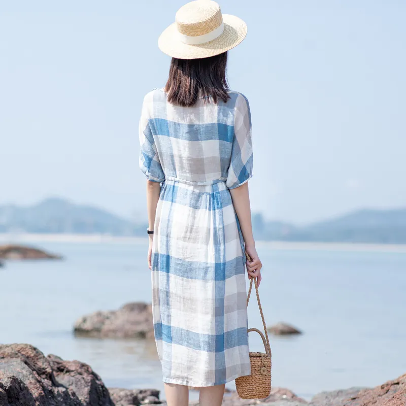 ZIMO Short Sleeved Dresses Women's Blue White Plaid-2