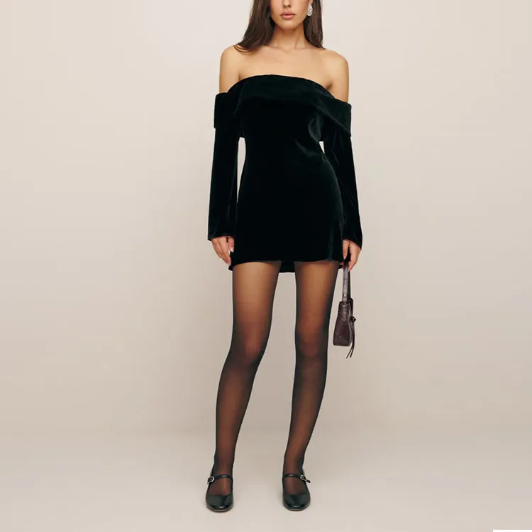 REFORMATION Maves Dress Long-Sleeved Dresses Women's Black Velvet/Black Velvet-1