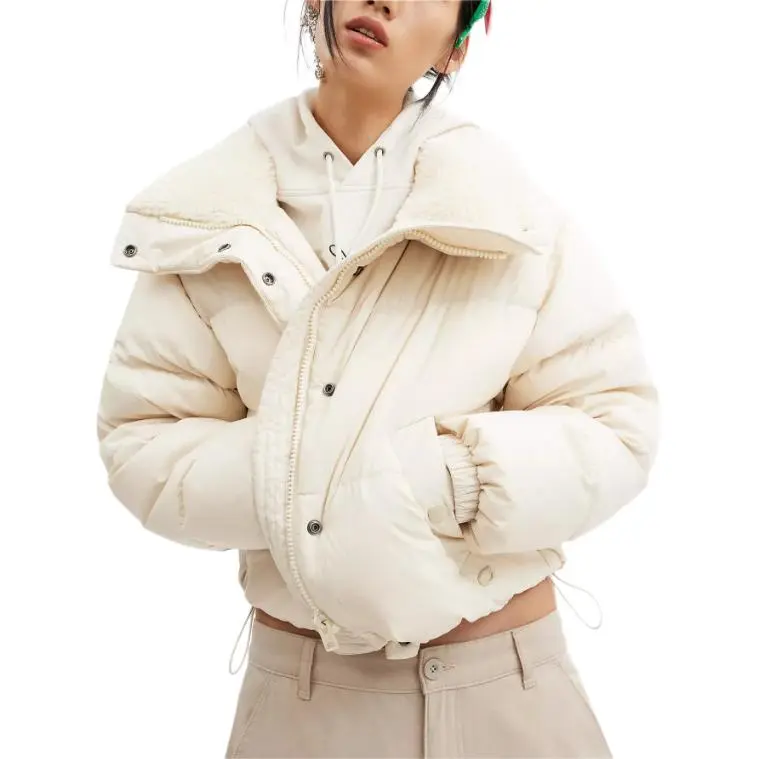 COACH Cropped Puffer In Recycled Polyamide With Sherpa Collar Down Jacket Women's Cream-3