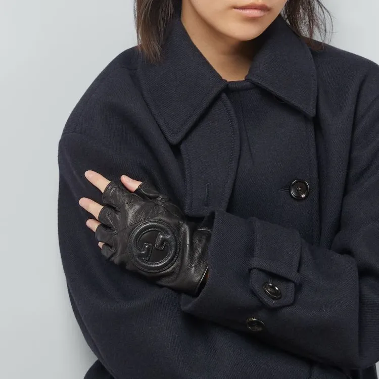GUCCI Leather Silk Gloves Women's Black-2