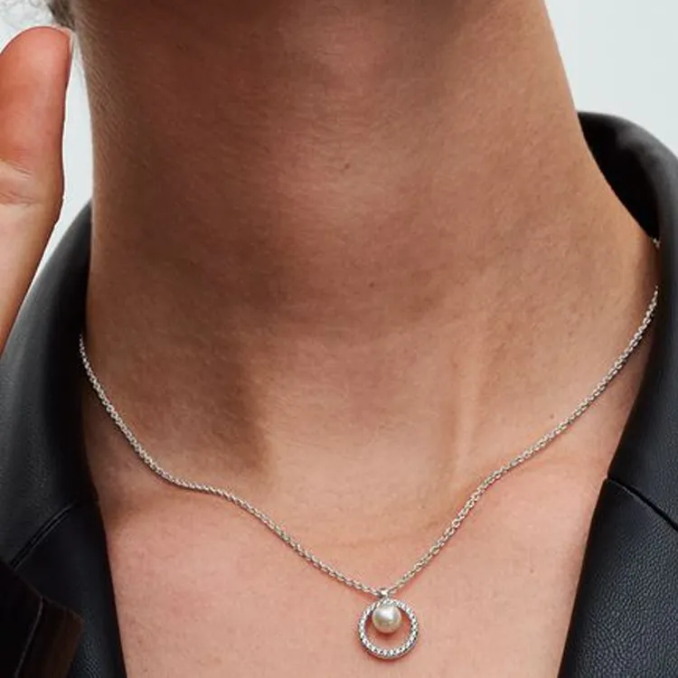 Pandora 925 Sterling Silver, Freshwater Pearl, Cubic Zirconia Necklaces Women's Silver-2