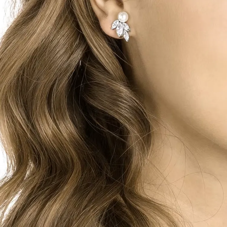 Swarovski Synthetic Cubic Zirconia, Rhodium Plated, Faux Crystal, Faux Pearl Stud Earrings Women's Silver-3