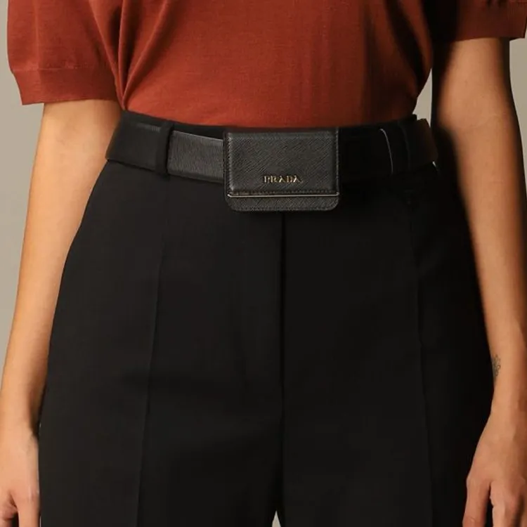 PRADA Letter Emblem Smooth Buckle Genuine Leather Metal Leather Belts Women's Black Width 3.5CM-2
