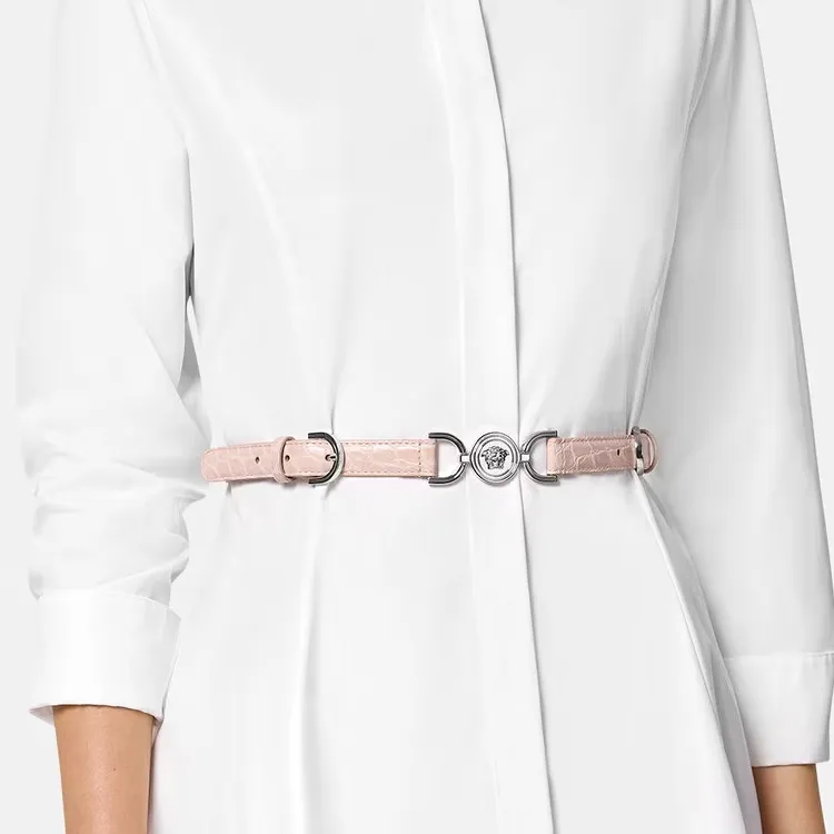 VERSACE Crocodile Pattern Decoration Leather Belts Women's Pink Width 2CM-1