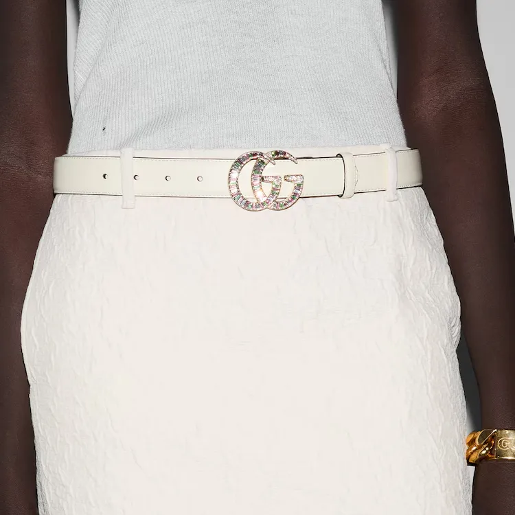 GUCCI Leather, Metal Parts, Crystal Leather Belts Women's White Width 3CM-2