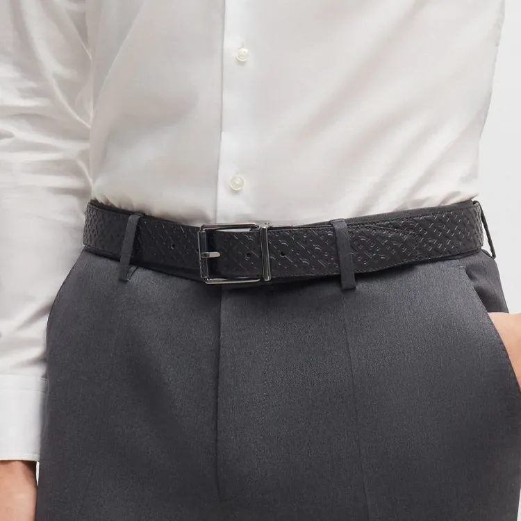 HUGO BOSS Interwoven Letter Pattern Design Leather Belts Men's Black Width 3.5CM-1
