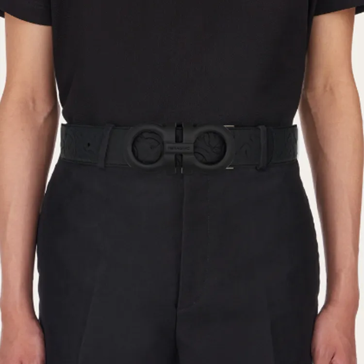 FERRAGAMO Textured Styling Design Leather Belts Men's Black Width 4.5CM-2